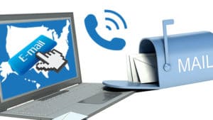 Image of laptop, mailbox with mail, email icon and phone icon