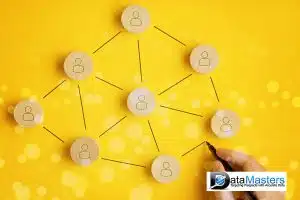 Blue back ground image with a hand with a pen connecting lines between wooden circles representing people on a yellow background.