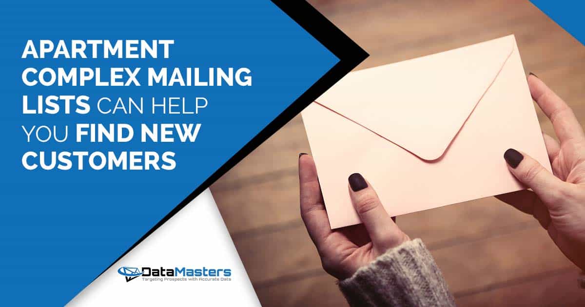 Hands holding an envelope, featuring DataMasters branding. Emphasizing the message that 'Apartment complex mailing lists can help you find new customers,' ensuring perfect alignment with the page's context.