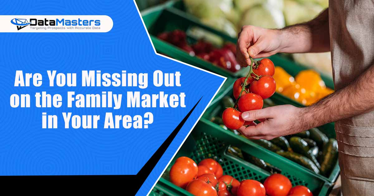 Image of a partial view of a shop assistant arranging fresh vegetables in a grocery store, featuring Datamasters and highlighting **"Are You Missing Out on the Family Market in Your Area?"**, ensuring it aligns with the page's context.