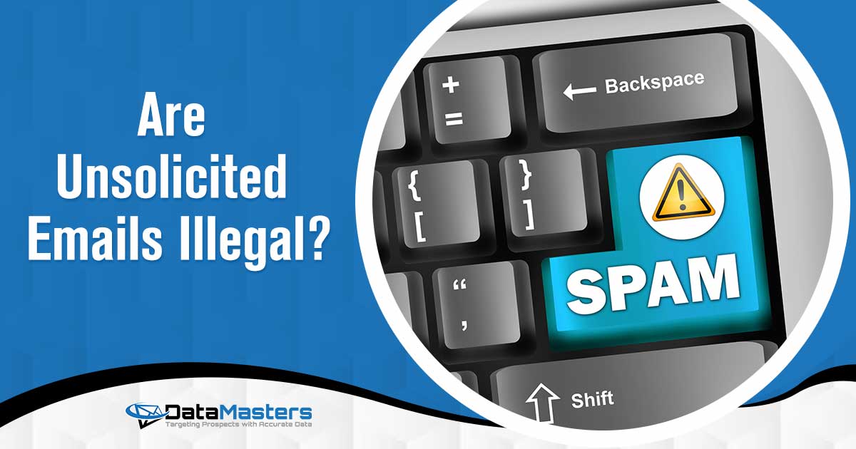 Illustration of a keyboard with a Spam theme, featuring DataMasters branding. Addressing the question 'Are unsolicited emails illegal?' to perfectly align with the page's context.