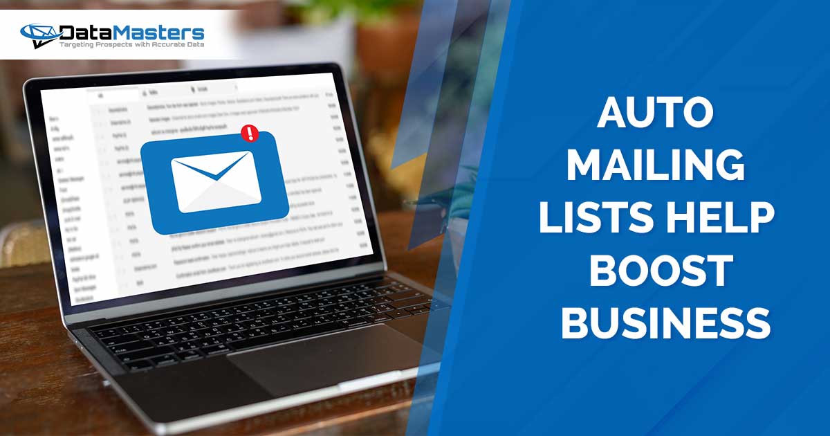 Auto Mailing Lists Help Boost Business Mail Communication Connection message on a phone to mailing contacts, featuring DataMasters branding, spotlighting the benefits of Auto Mailing Lists in boosting business, perfectly aligned with the page's context.