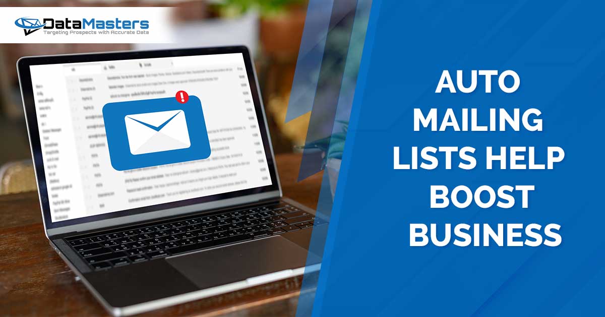 Mail Communication Connection message on a phone to mailing contacts, featuring DataMasters branding, spotlighting the benefits of Auto Mailing Lists in boosting business, perfectly aligned with the page's context.