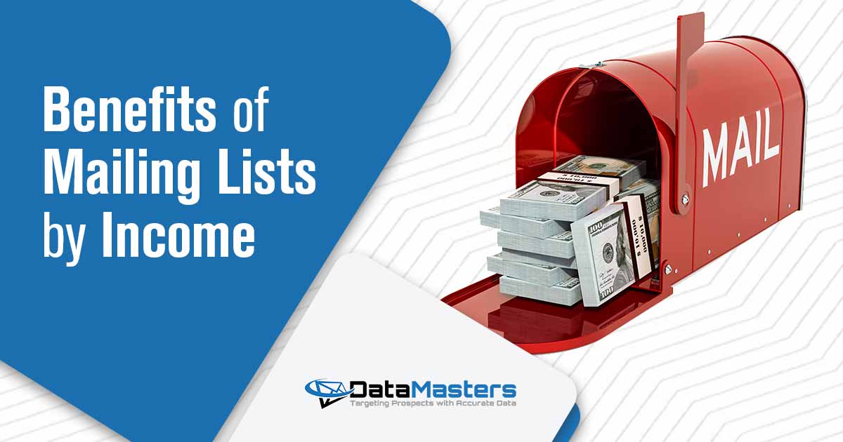 Benefits of mailist lists by income 3D rendering of a mailbox with dollar packs isolated on a white background, featuring DataMasters branding. Spotlighting the advantages of utilizing mailing lists categorized by income, in perfect alignment with the page's context.
