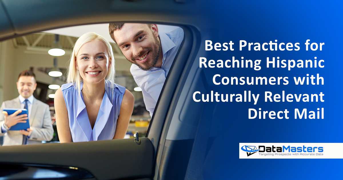 Best Practices for Reaching Hispanic Consumers with Culturally R Happy couple speaking with a car dealer at an auto show, featuring Datamasters, illustrating best practices for reaching Hispanic consumers with culturally relevant direct mail.