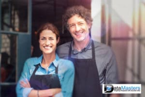 Blue back ground image with image on the right showing smiling female and male shop owners.