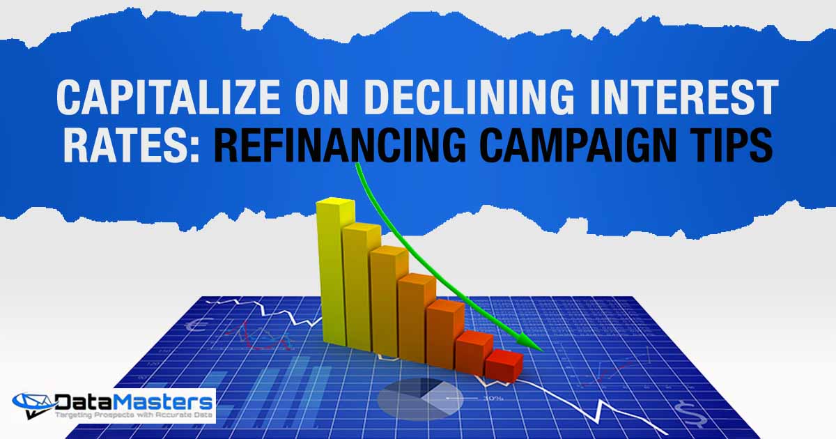 Graph showcasing trends in declining interest rates, featuring the Datamasters logo and highlighting insights on 'Capitalize on Declining Interest Rates: Refinancing Campaign Tips,' aligning with the page's focus on financial strategies.