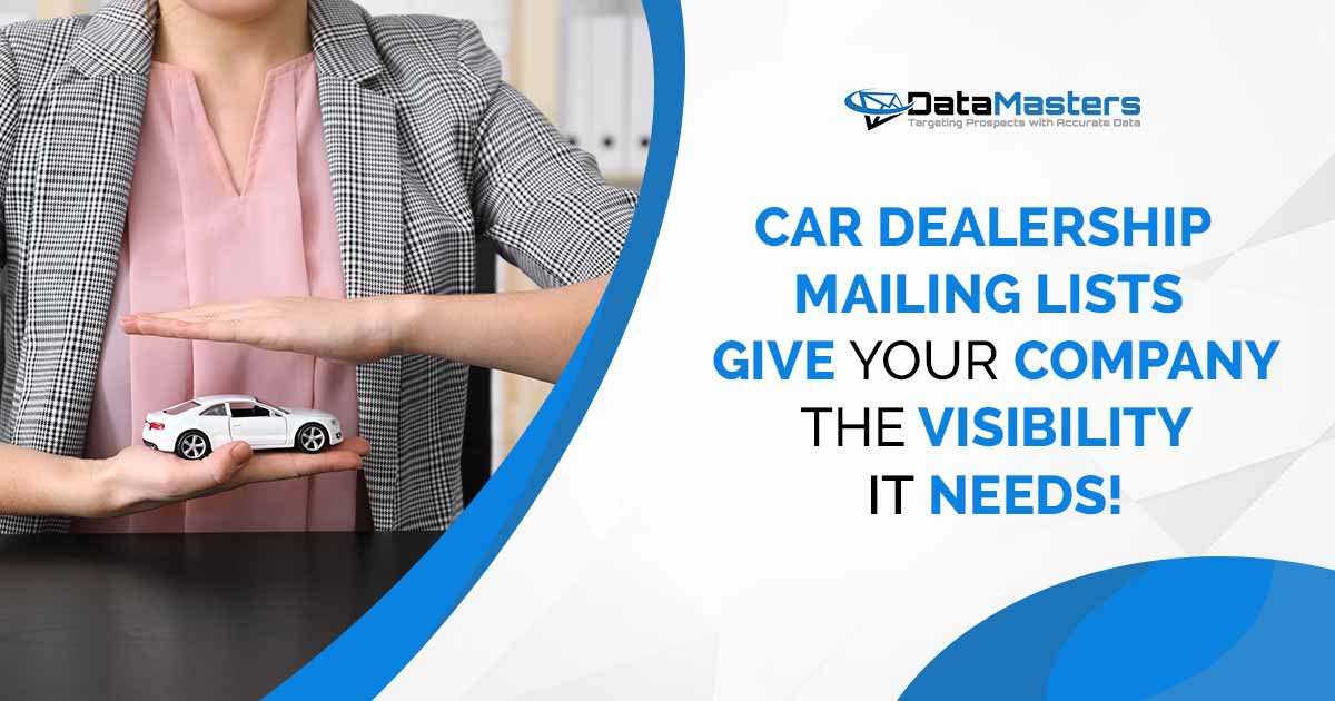 Woman in office wear protecting a car model, symbolizing vehicle insurance, featuring DataMasters branding, and highlighting the impact of Car Dealership Mailing Lists in providing your company with the visibility it needs, seamlessly aligned with the page's context.