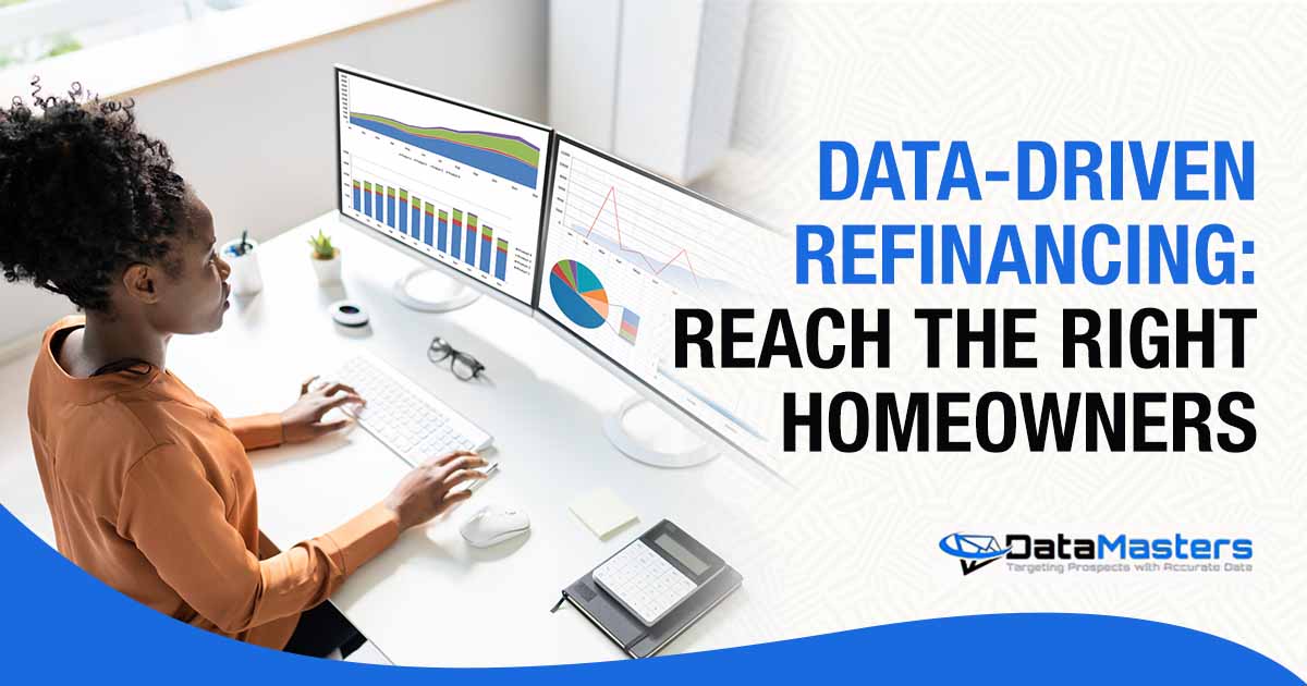 Image of a professional woman analyzing a business data analytics dashboard, featuring the Datamasters logo and highlighting 'Data-Driven Refinancing: Reach the Right Homeowners,' aligning with the page's focus on targeted financial insights.
