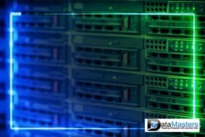 Blue back ground image with image on the right computer servers stacked in a rack.