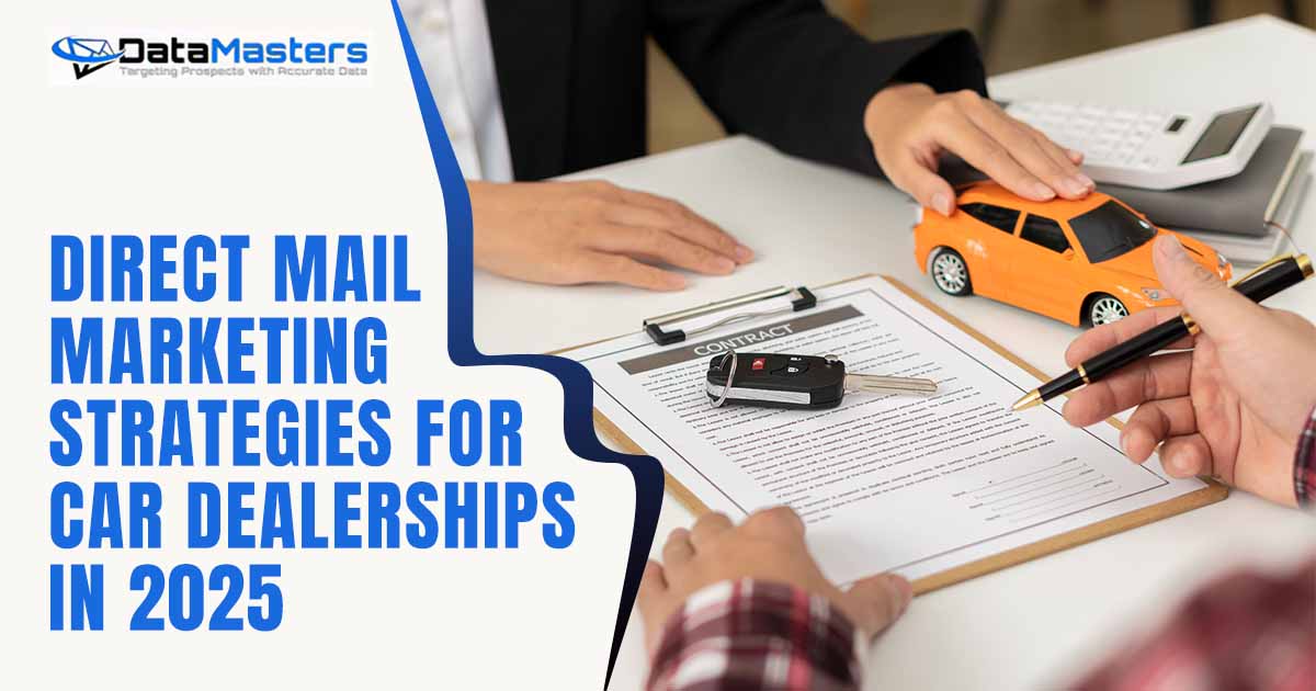 Car dealership representative offering car title contracts and discussing interest rates, featuring DataMasters and highlighting Direct Mail Marketing Strategies for Car Dealerships in 2025.