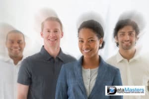 Blue back ground image with image on the right showing smiling ethnic peoples.