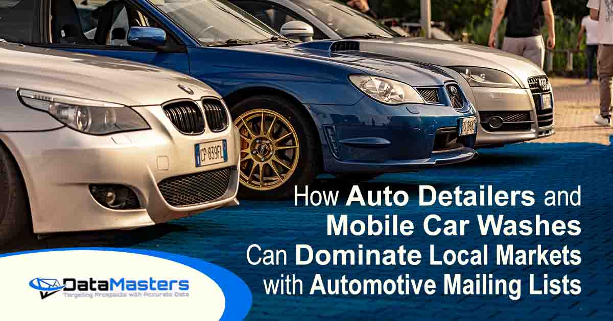 Image of tuned cars parked in a row, showcasing customization and automotive passion, featuring Datamasters and highlighting how auto detailers and mobile car washes can dominate local markets with automotive mailing lists.