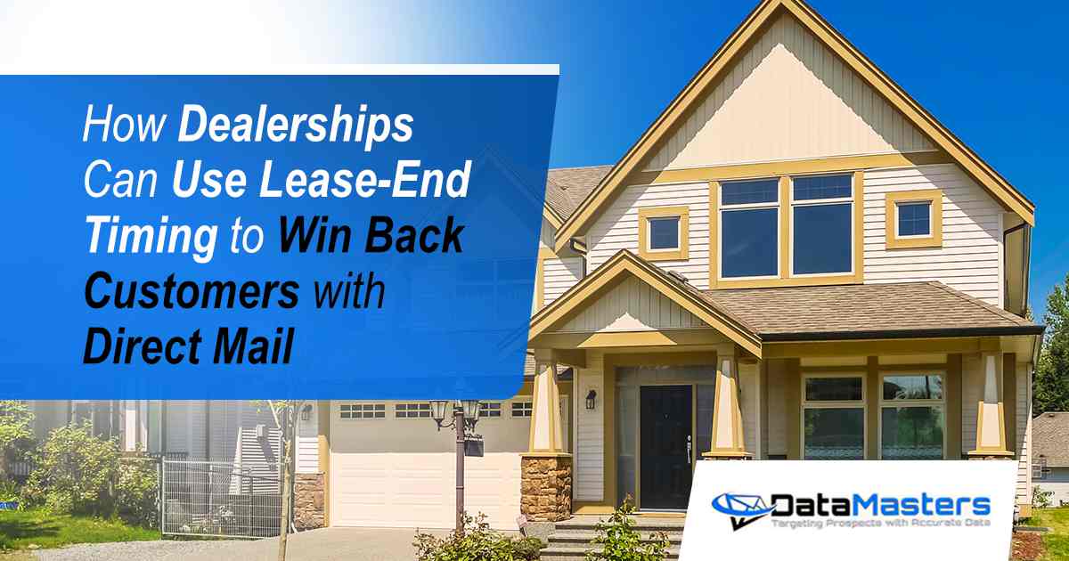 Image of a large family home with a smooth concrete driveway leading to a spacious garage, featuring Datamasters, and illustrating the concept of how dealerships can use lease-end timing to win back customers through targeted direct mail campaigns.