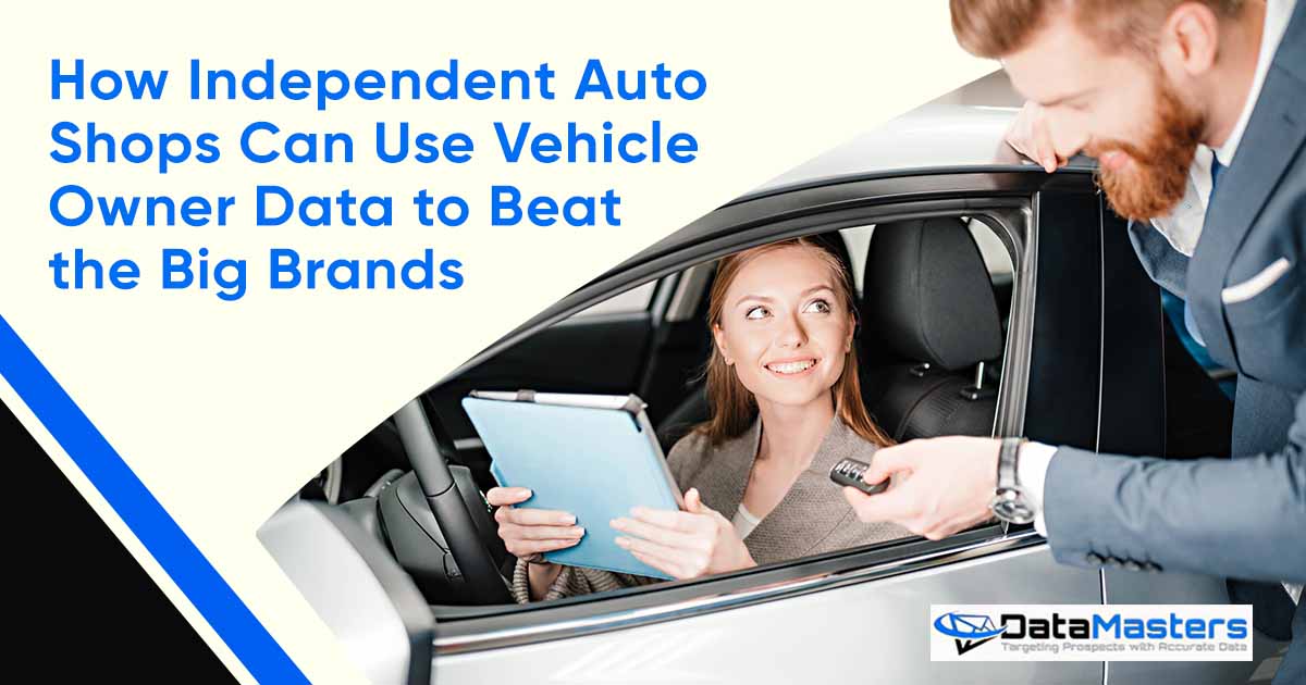 Image of a customer and salesman holding a car key, featuring DataMasters and highlighting how independent auto shops can leverage vehicle owner data to compete with big brands.