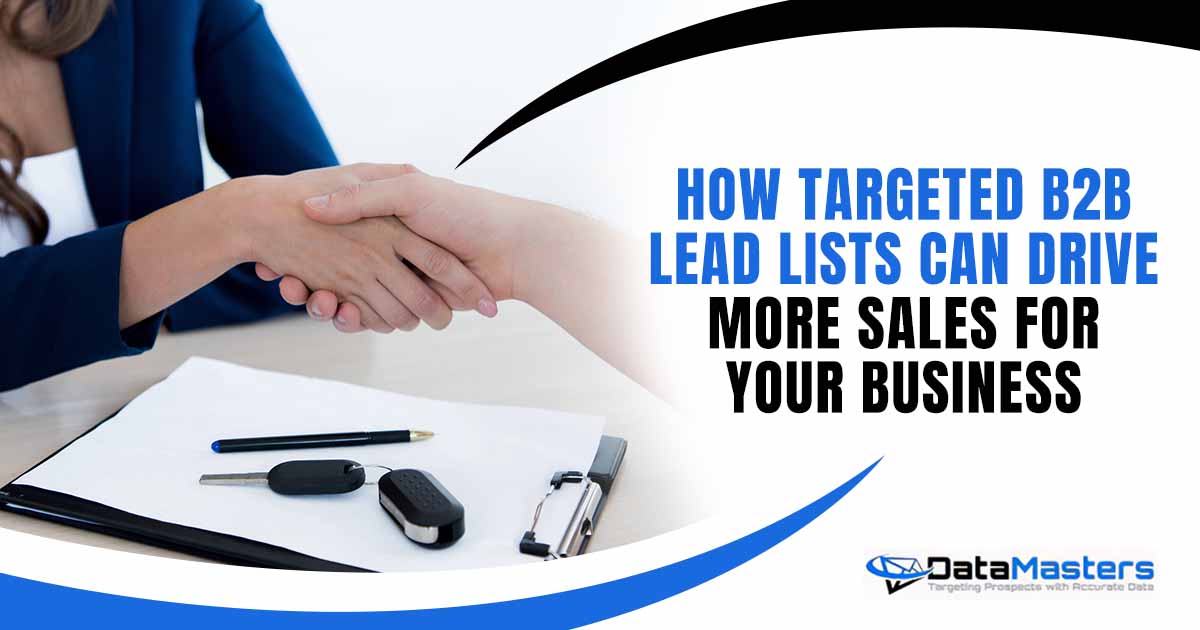 Image of customer and sales manager shaking hands, featuring DataMasters and highlighting How Targeted B2B Lead Lists Can Drive More Sales for Your Business.
