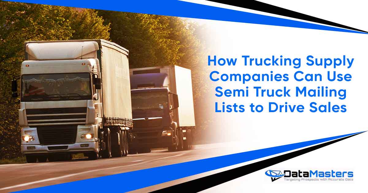 Image of two trucks with cars on a countryside road surrounded by trees, featuring DataMasters and highlighting how trucking supply companies can use semi truck mailing lists to drive sales.
