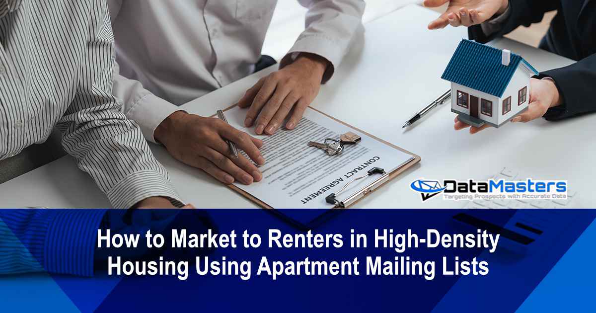 Image of a happy couple signing a contract with a real estate agent, symbolizing renters or tenants finalizing a lease, mortgage, or investment agreement. Featuring Datamasters and highlighting “How to Market to Renters in High-Density Housing Using Apartment Mailing Lists,” aligning with the article’s focus on targeted marketing strategies for property professionals.