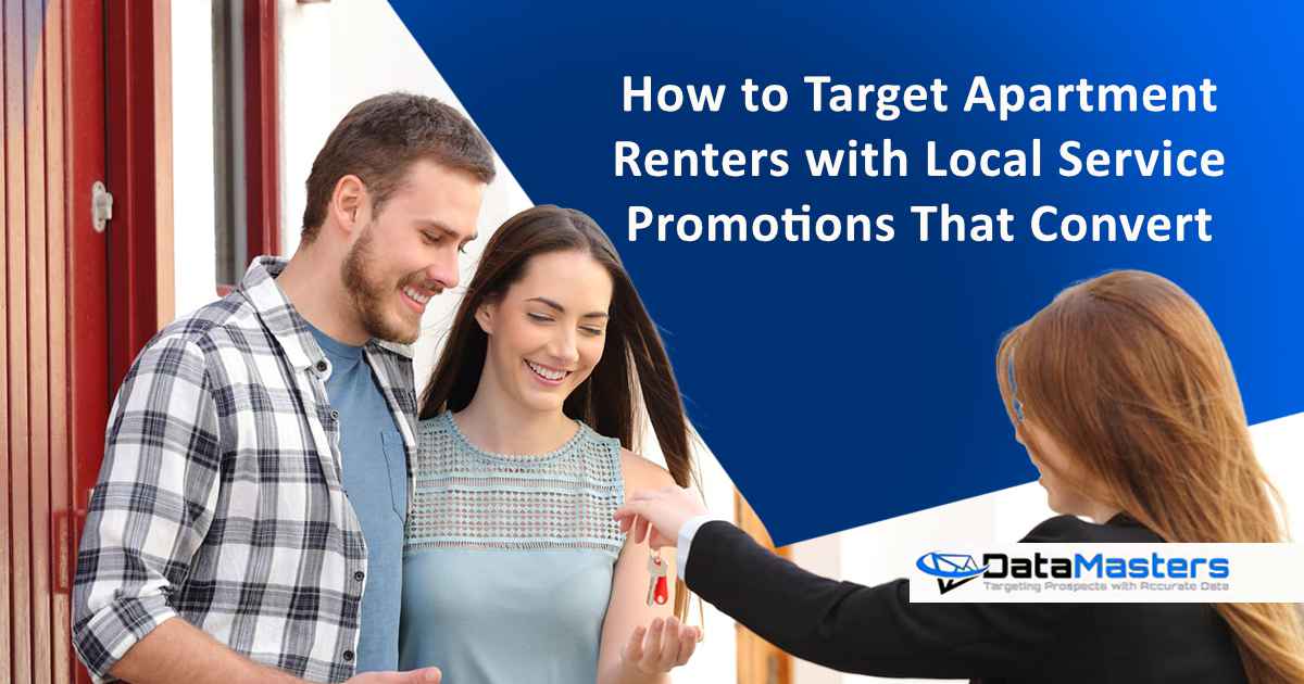 Happy couple of renters receiving house keys, featuring Datamasters, highlighting strategies on how to target apartment renters with local service promotions that convert.