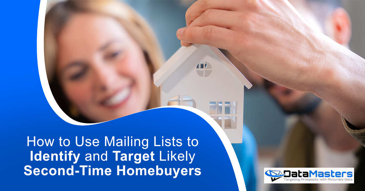 Smiling couple holding a miniature house model, representing second-time homebuyers, featured on DataMasters and illustrating how mailing lists help identify and target likely second-time homebuyers.