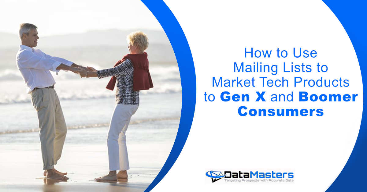 Senior couple holding hands and spinning on the beach, representing Gen X and Boomer consumers, featured by DataMasters for an article on using mailing lists to market tech products.