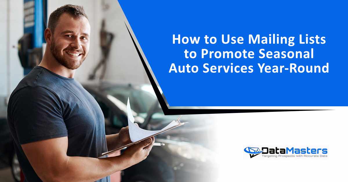 Man mechanic holding a clipboard for car repairs, maintenance, and service checks, smiling in a workshop; featuring Datamasters and supporting the topic ‘How to Use Mailing Lists to Promote Seasonal Auto Services Year-Round.