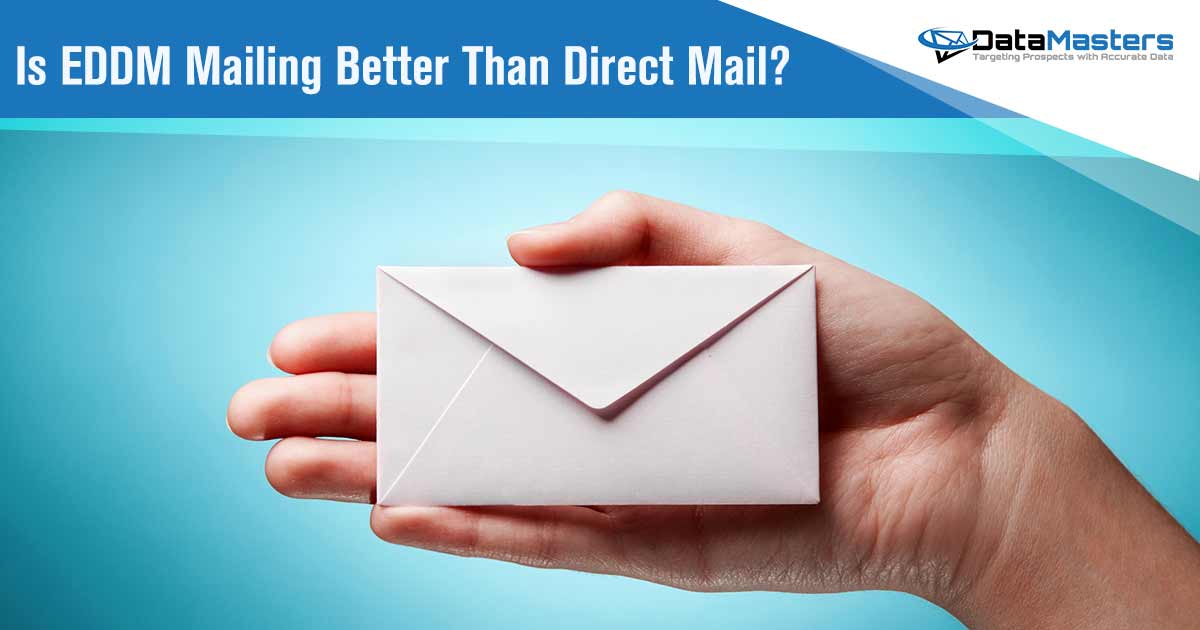 Is EDDM Mailing Better Than Direct Mail Woman's hand holding closed envelope against a blue background image featuring DataMasters and highlighting the question: Is EDDM Mailing Better Than Direct Mail? This visual portrays the tangible aspect of traditional mailing, sparking curiosity about the comparative effectiveness of EDDM (Every Door Direct Mail) and Direct Mail strategies. Aligned with the page's context, it encourages exploration and contemplation of these mailing approaches with the support of DataMasters.