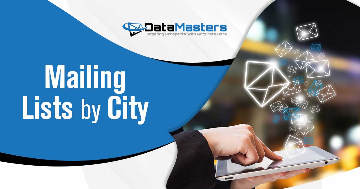 Businesswoman sending email, featuring DataMasters branding. Emphasizing the utility of mailing lists organized by city, ensuring seamless alignment with the page's context.