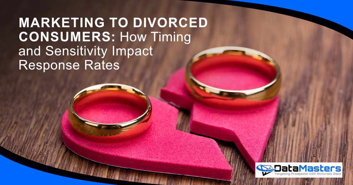 Golden ring placed on a red broken heart, representing divorce, featured by DataMasters, highlighting considerations for marketing to divorced consumers and the importance of timing and sensitivity in response rates.