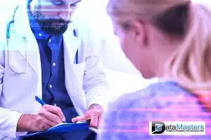 Blue back ground image with image on the right showing a doctor and female patient in consultation.