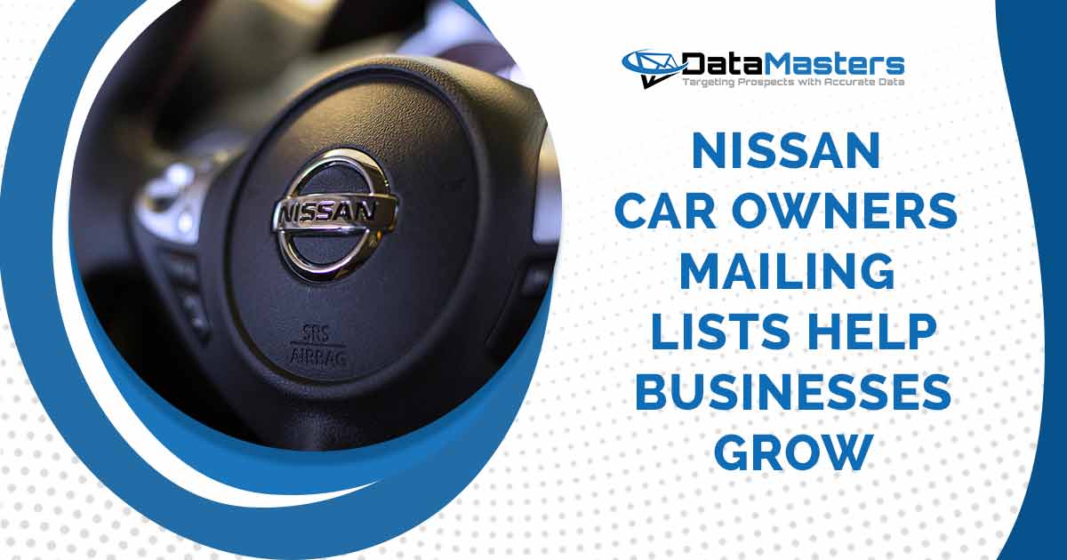 Image of a steering wheel, featuring DataMasters branding, and highlighting the role of Nissan Car Owners Mailing Lists in fostering business growth, thoughtfully aligned with the page's context.