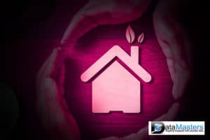 Image of a house shaped image on a purple or crimson back ground.