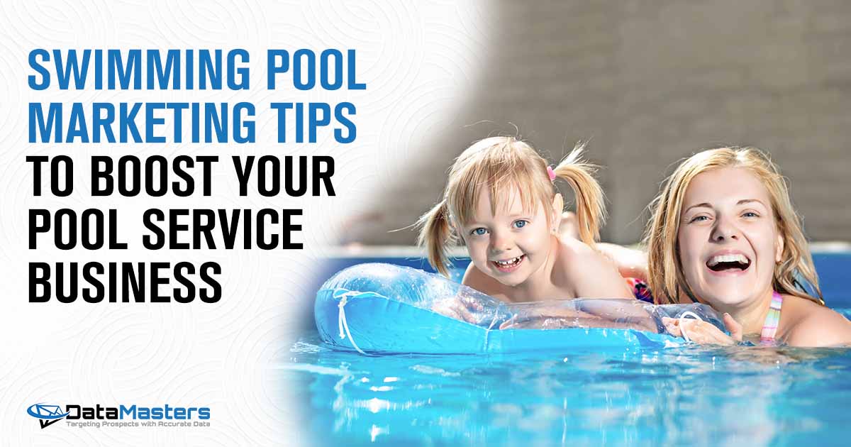 Image of a swimming pool with DataMasters branding, illustrating swimming pool marketing tips designed to boost your pool service business.
