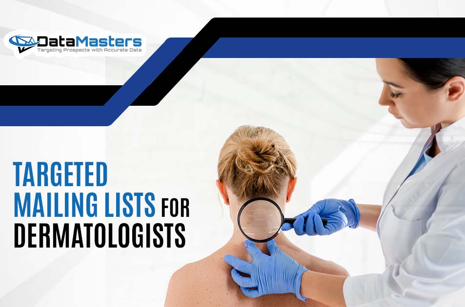 Image of a dermatologist closely examining a patient's skin using a magnifying glass in a clinic setting. The focus is on the dermatologist's evaluation process, emphasizing precision and attention to detail. DataMasters branding is featured, signaling reliability and expertise in data management. The image highlights the significance of Targeted Mailing Lists for Dermatologists, underscoring their importance in reaching the right audience with relevant information. Overall, the image reinforces the context of the page by showcasing professional dermatological care and the role of accurate data in marketing strategies.