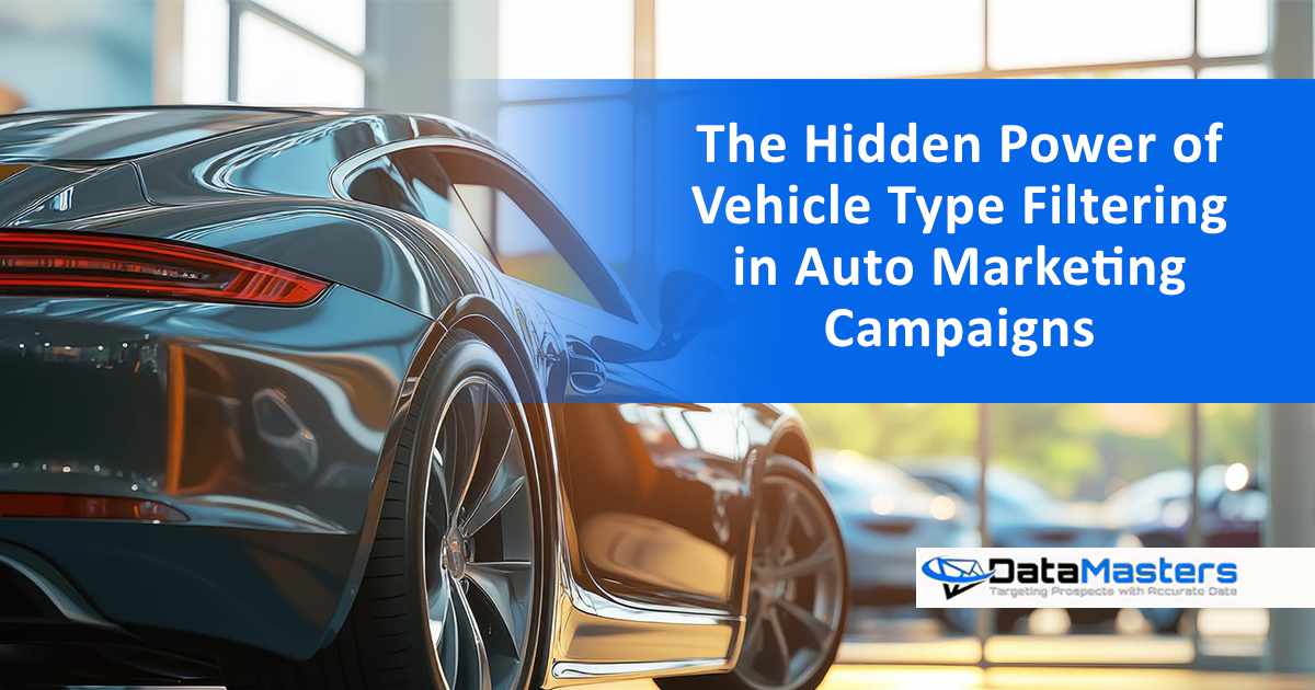 Sleek new car displayed in a showroom window with a luxurious interior and sunlight streaming through, featuring Datamasters and highlighting the hidden power of vehicle type filtering in auto marketing campaigns, aligned with the page’s context.