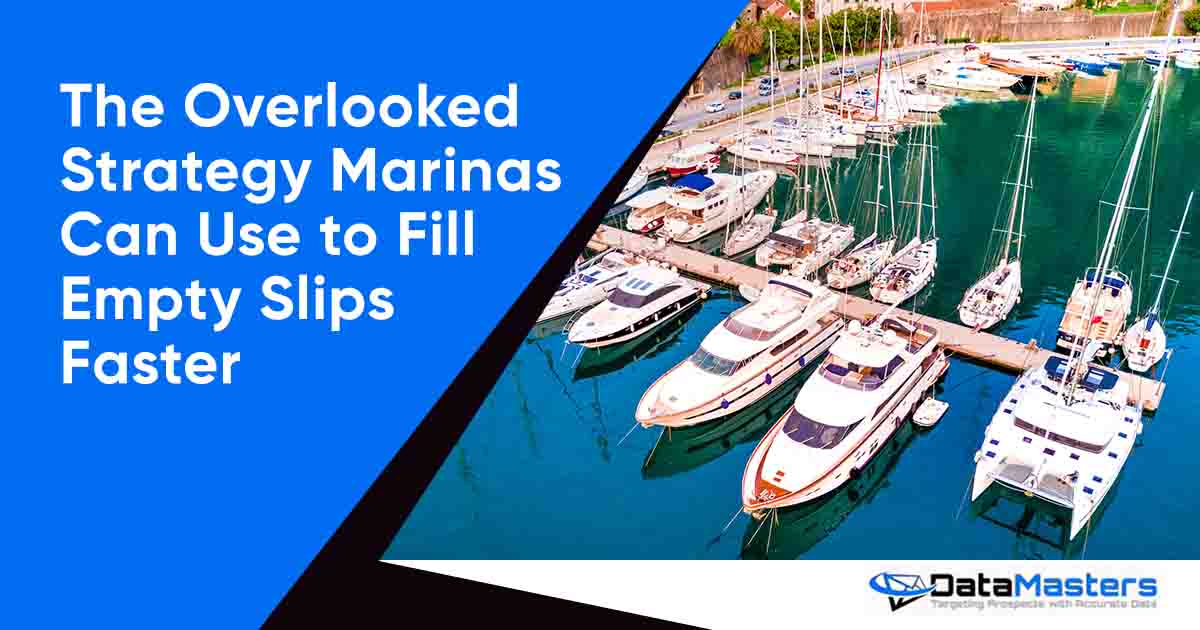 Top view image of a yacht marina, featuring DataMasters and highlighting the overlooked strategy marinas can use to fill empty slips faster.