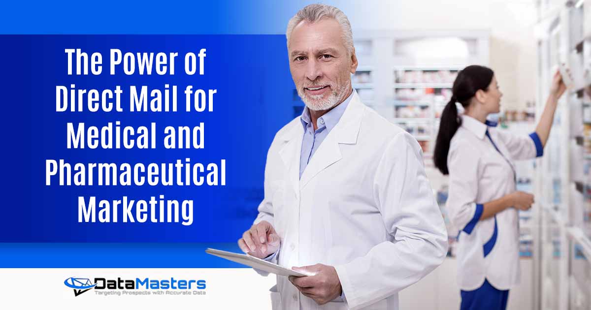 Joyful male pharmacist calculating medical products, featuring DataMasters and highlighting the power of direct mail for medical and pharmaceutical marketing, ensuring it aligns with the page's context.