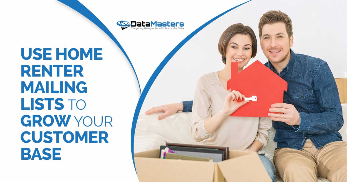 Use home renters mailing Couple holding a little red house and key, featuring DataMasters branding. Highlighting the message 'Use home renters mailing to grow your customer base' to perfectly align with the page's context.