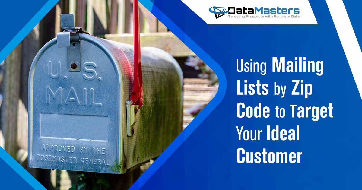 Vintage metal US post mailbox with DataMasters branding. Emphasizing the strategy of using mailing lists by zip code to target your ideal customer, in perfect alignment with the page's context.