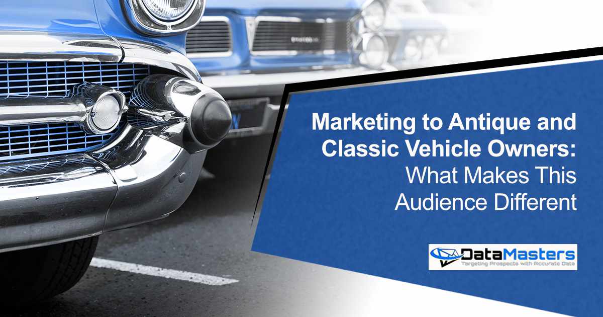 Front ends of two classic cars with marketing message overlay about antique vehicle owners