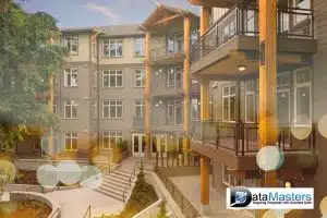 Image of modern apartments with stairs and balconies.