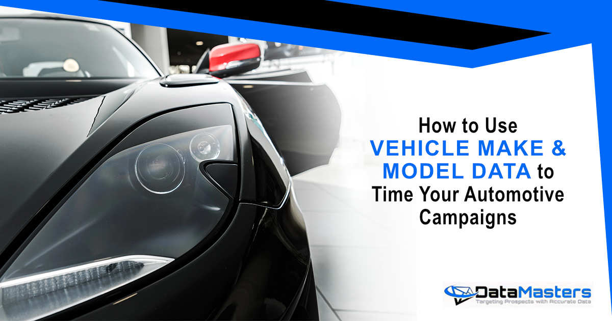 Sleek black sports car front view with text about using vehicle make and model data for automotive campaigns.