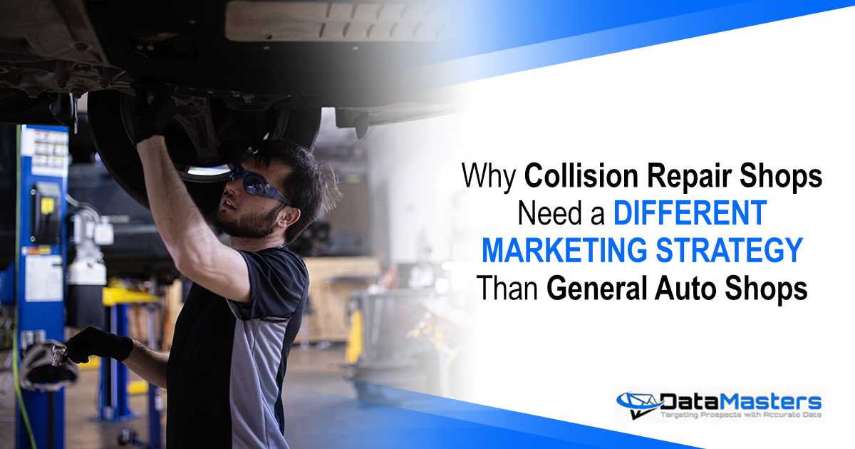 Mechanic wearing safety glasses working under a vehicle with text about collision repair marketing strategies.
