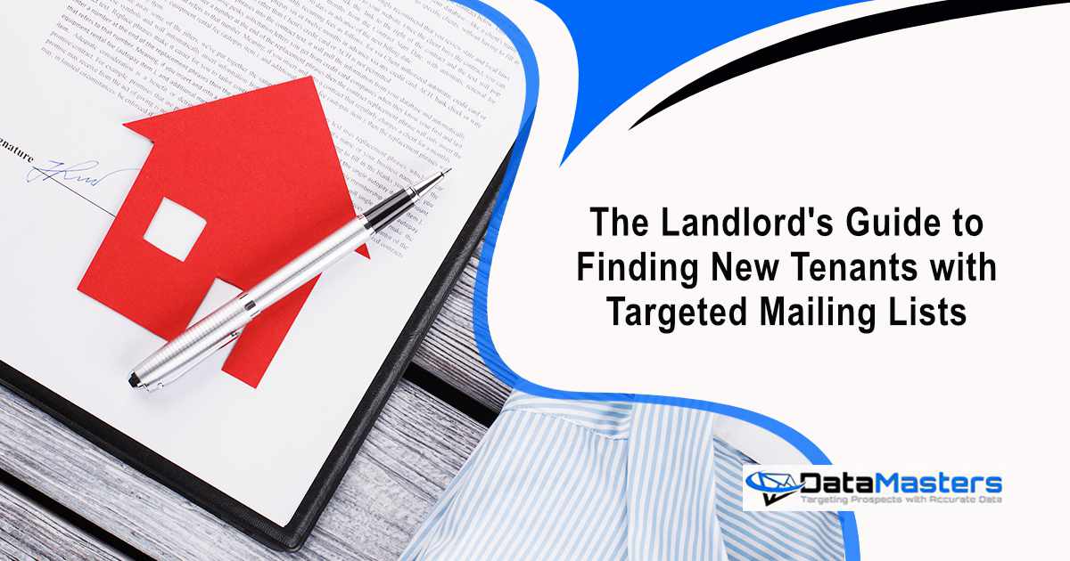 Document with signature and pen placed on a red house cutout beside text about landlord mailing lists.
