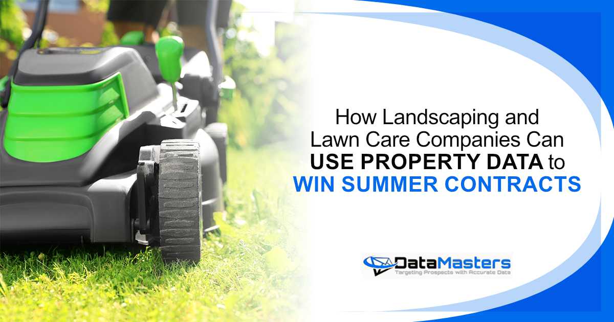 Landscaping Business Data Strategy Lawn mower cutting grass outdoors with DataMasters marketing message.