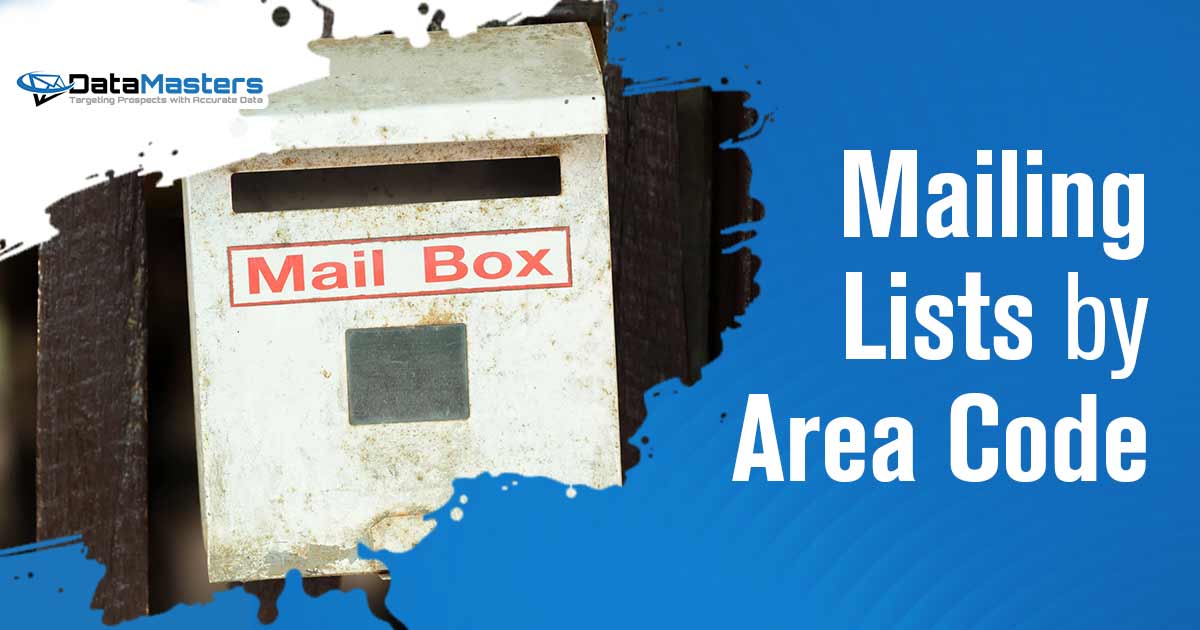 Rusty mailbox with DataMasters branding, showcasing targeted mailing lists organized by area code to enhance relevance and alignment with the page's context.