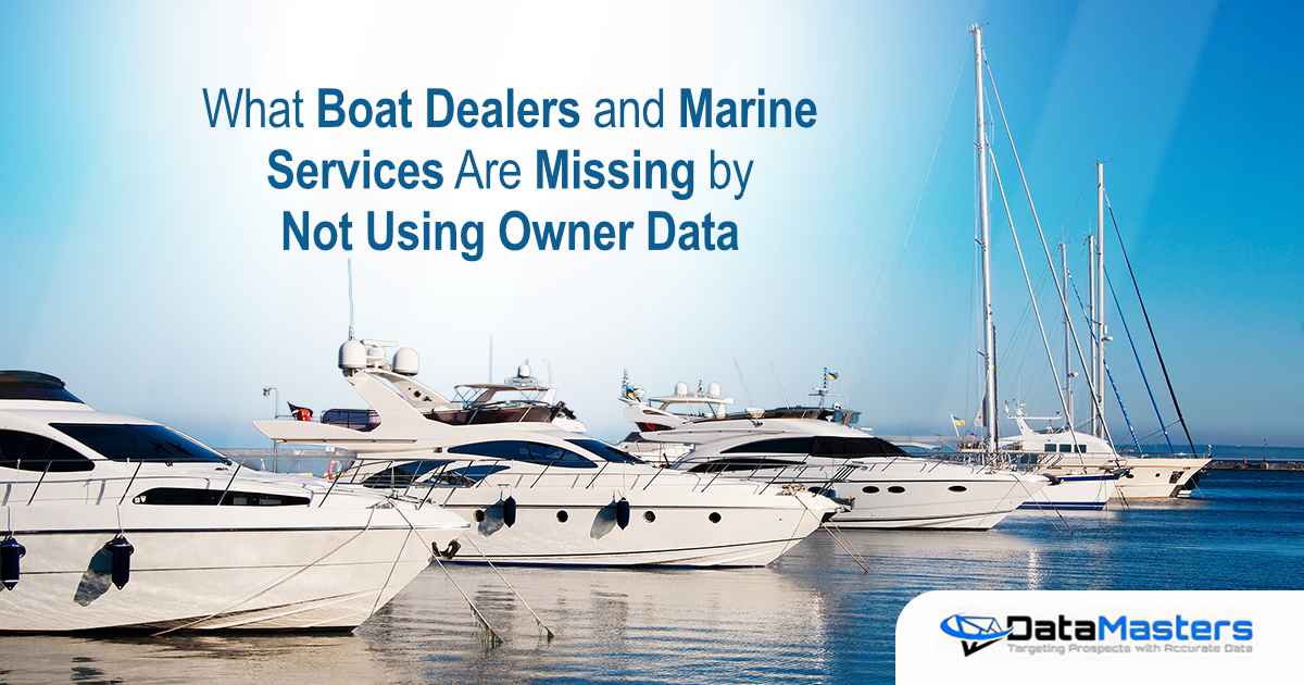 Luxury yachts and sailboats docked at a marina under clear skies with text about marine services using owner data.