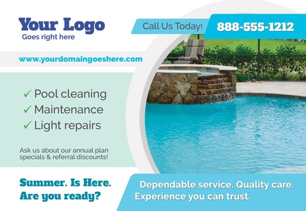 A post card with an image of a beautiful, crystal clear swimming pool, advertising pool service.