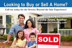 A postcard marketing example featuring a family standing in front of a recently sold home and advertising a real estate agent.