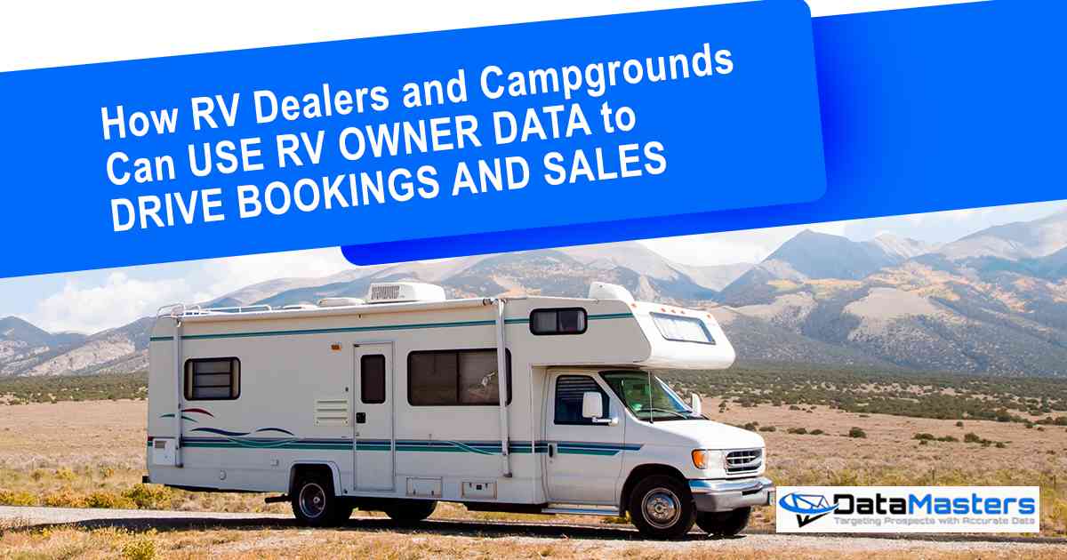 White RV parked on a scenic road with text about RV dealers and campgrounds using owner data.